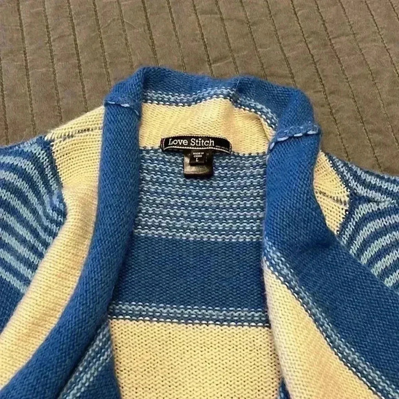 Love Sticth blue & cream stripped sweater jacket with pockets Size Large - Picture 3 of 10
